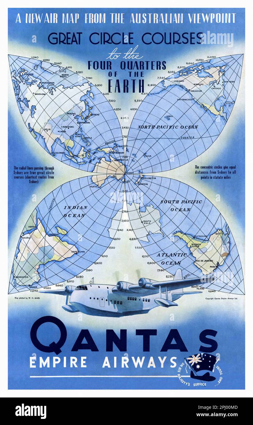 Qantas Empire Airways. A new map from the Australian viewpoint by Rhys Williams (1894-1976). Poster published in the 1950s. Stock Photo