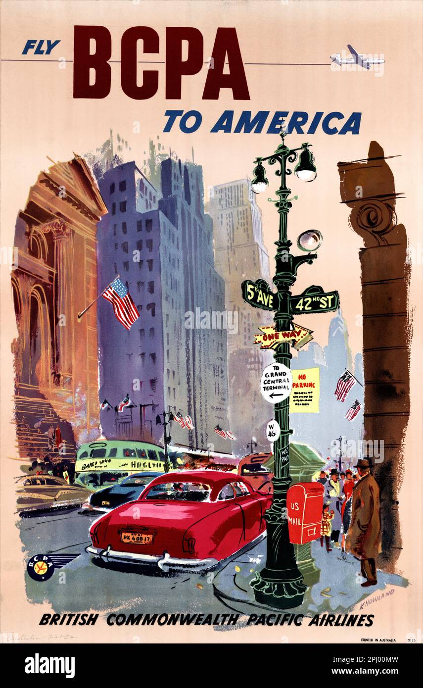 Fly BCPA to America. British Commonwealth Pacific Airlines by Keith Howland (1925-2004). Poster published in 1952 in Australia. Stock Photo