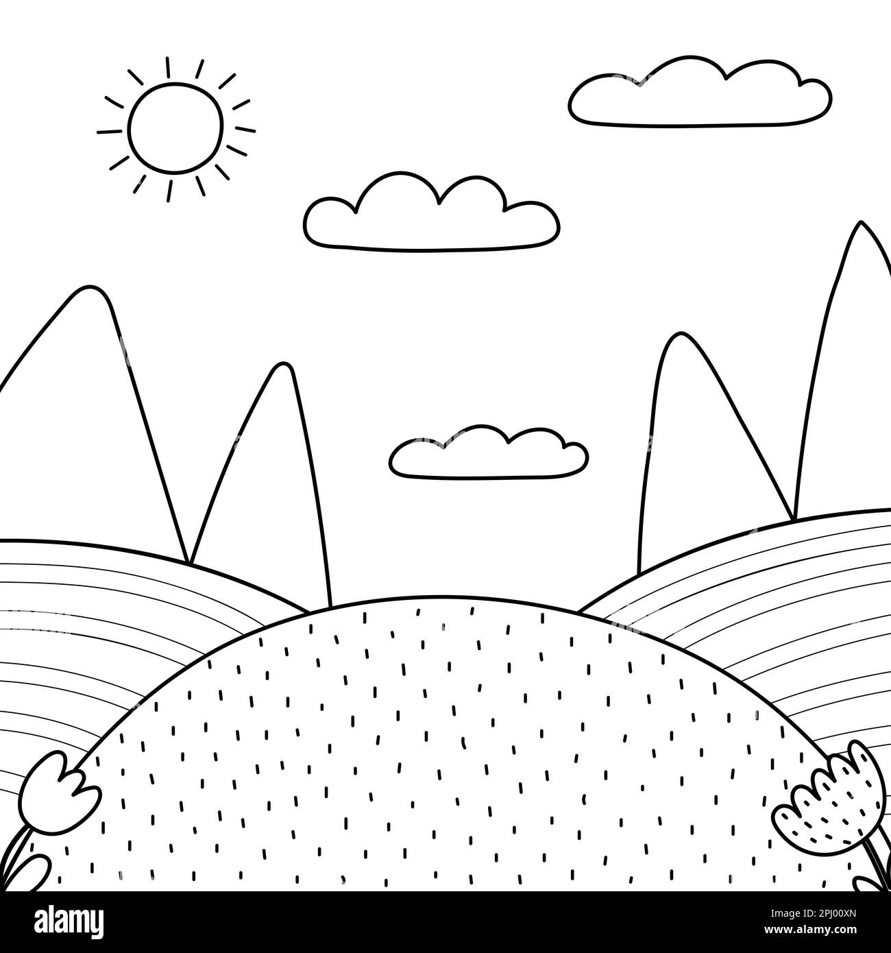 Black and white nature landscape with a green meadow, sun and mountains