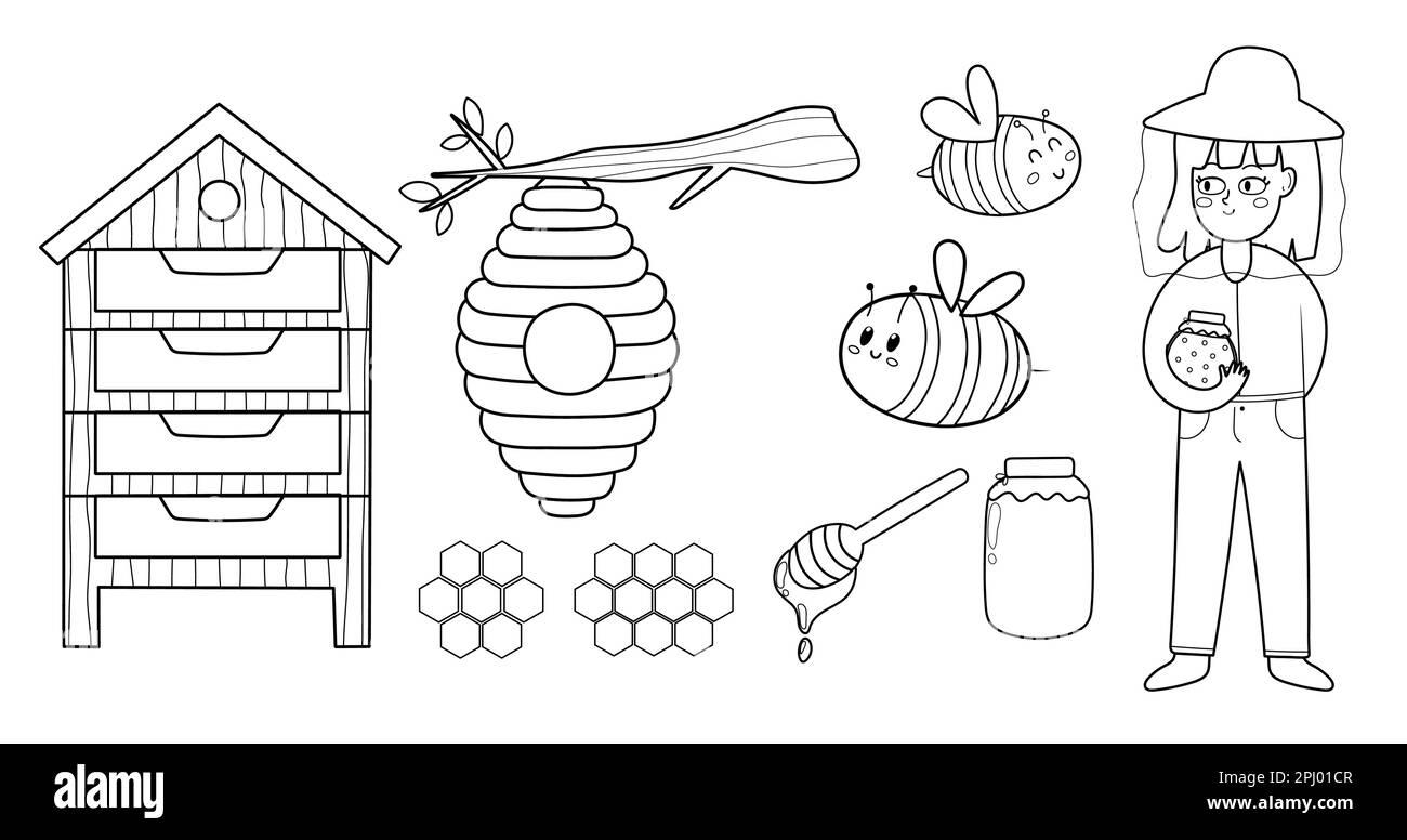 Black and white bee and honey elements set. Beekeeper girl holding a jar with honey Stock Vector