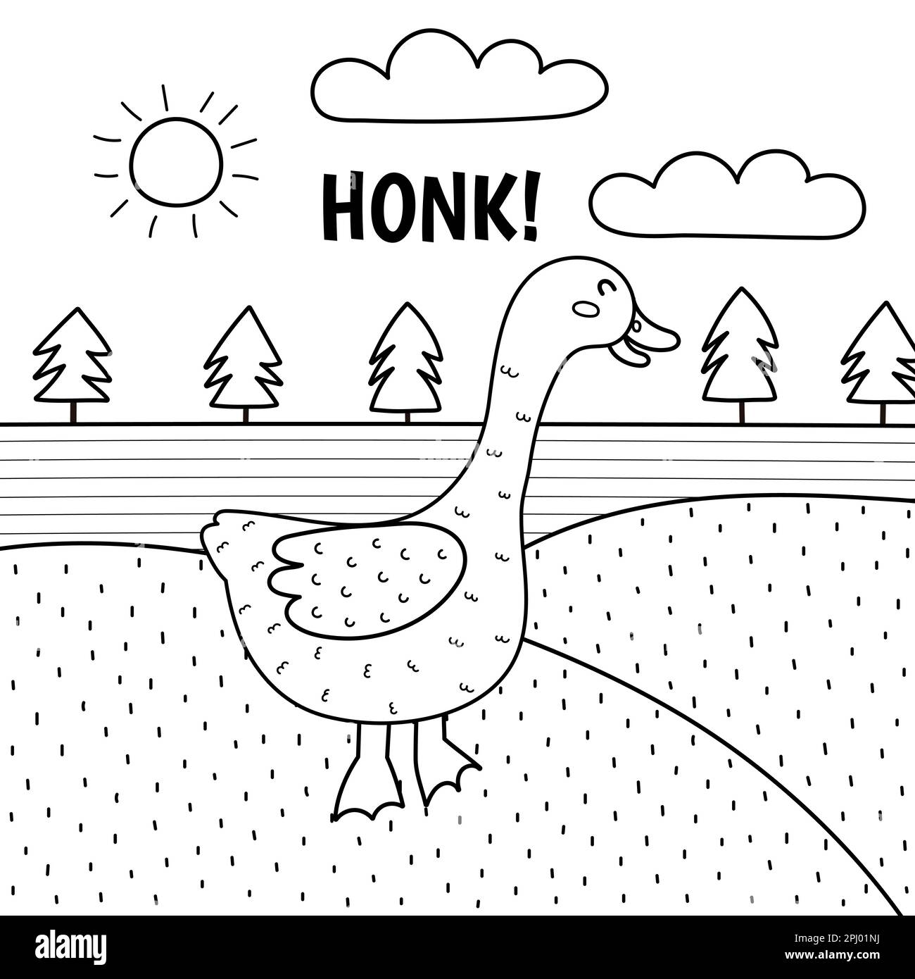 Goose saying honk black and white print. Cute farm character on a green