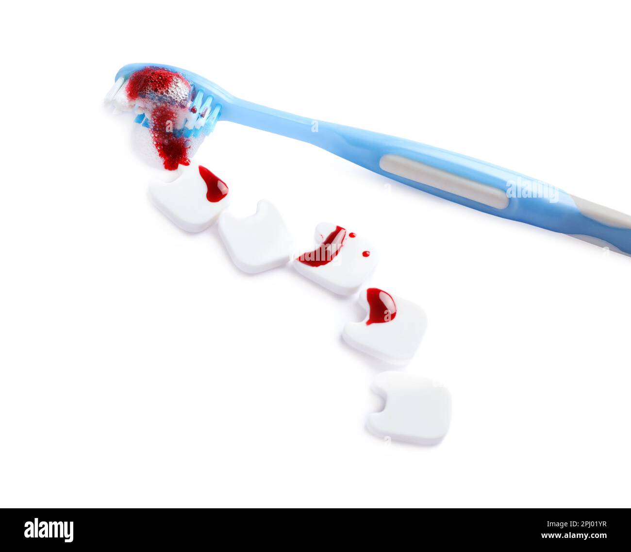 Decorative teeth and toothbrush with blood on white background. Gum