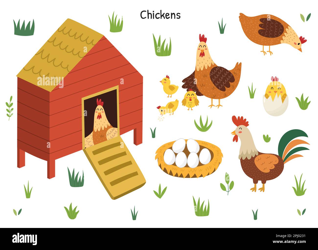 Chicken set with a cute hen, rooster, chicks and eggs. Chicken coop