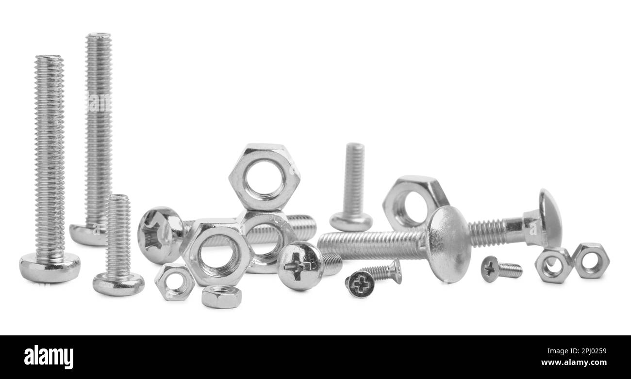 Different metal bolts and nuts on white background Stock Photo Alamy