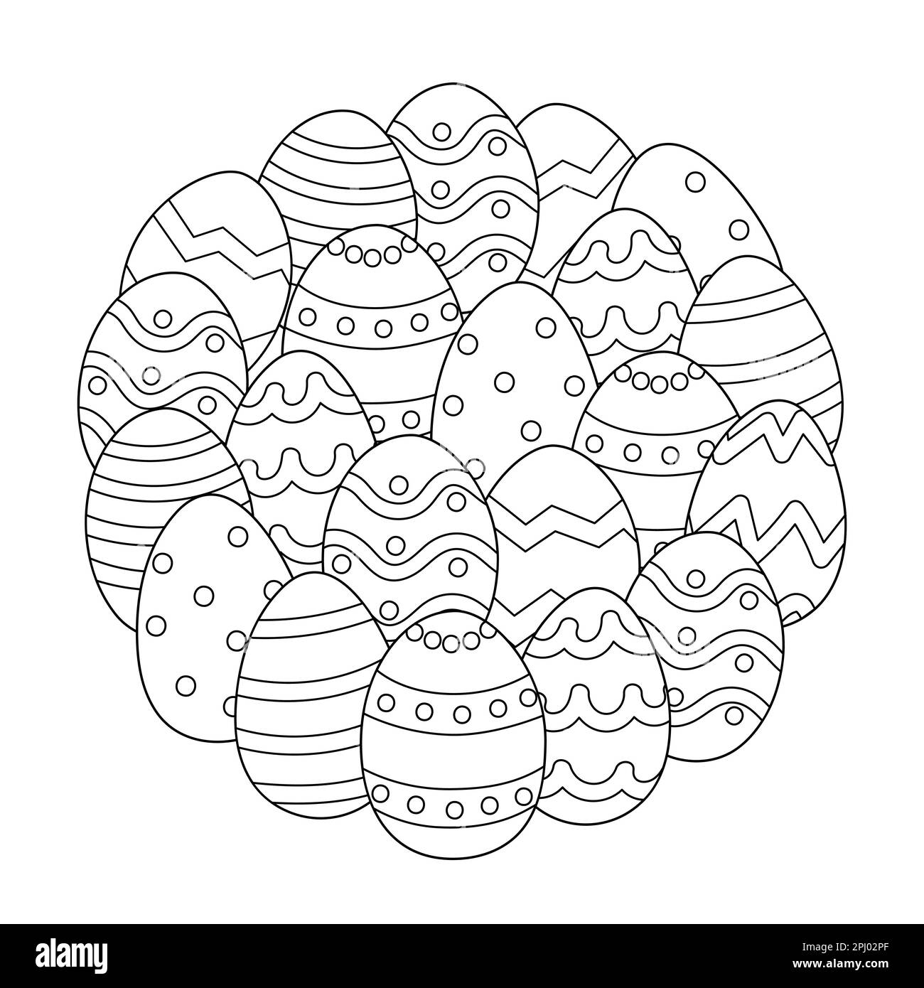 Easter eggs circle shape coloring page. Ornamental doodle eggs mandala for coloring book Stock Vector