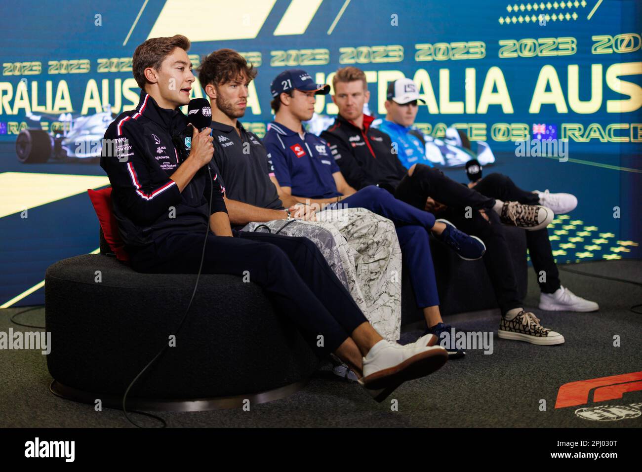 Albert Park, 30th March 2023 George Russell (GBR) of team Mercedes, Pierre Gasly (FRA) of team Alpine, Nyck De Vries (NED) of Team AlphaTauri, Nico Hulkenberg (GER) of the Haas F1 team and Logan Sargeant of team Williams at a presser during the 2023 Australian Formula 1 Grand Prix. corleve/Alamy Live News Stock Photo