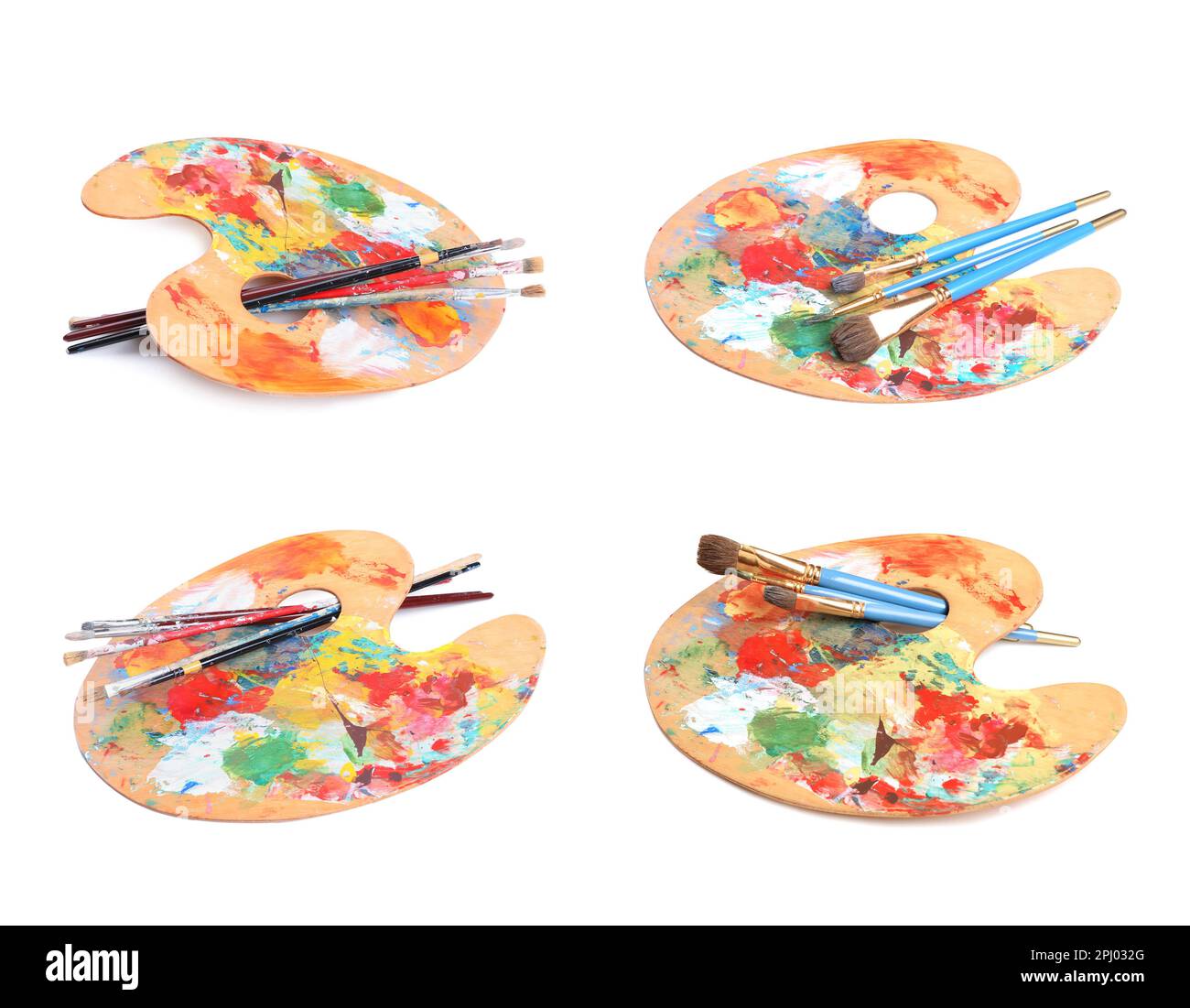 Palettes with paints and brushes on white background, collage Stock