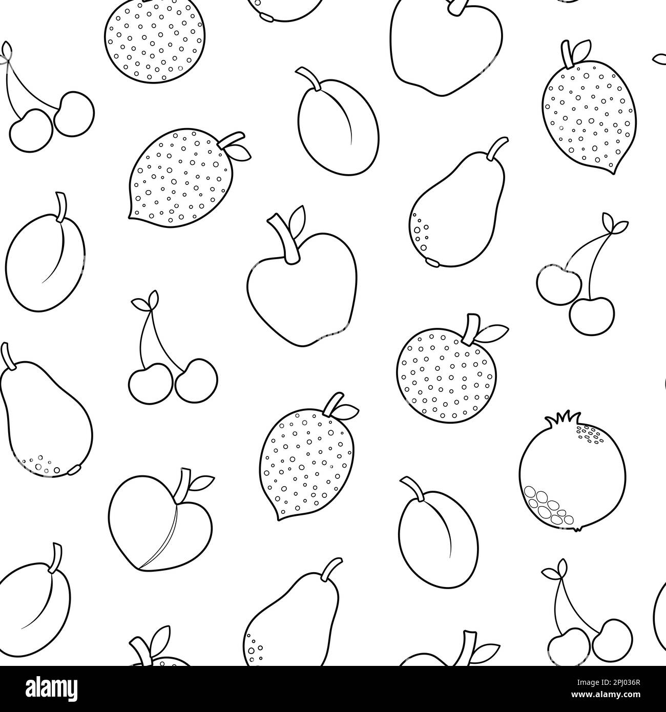 Fresh fruits black and white seamless pattern in cartoon style. Healthy food doodle background Stock Vector