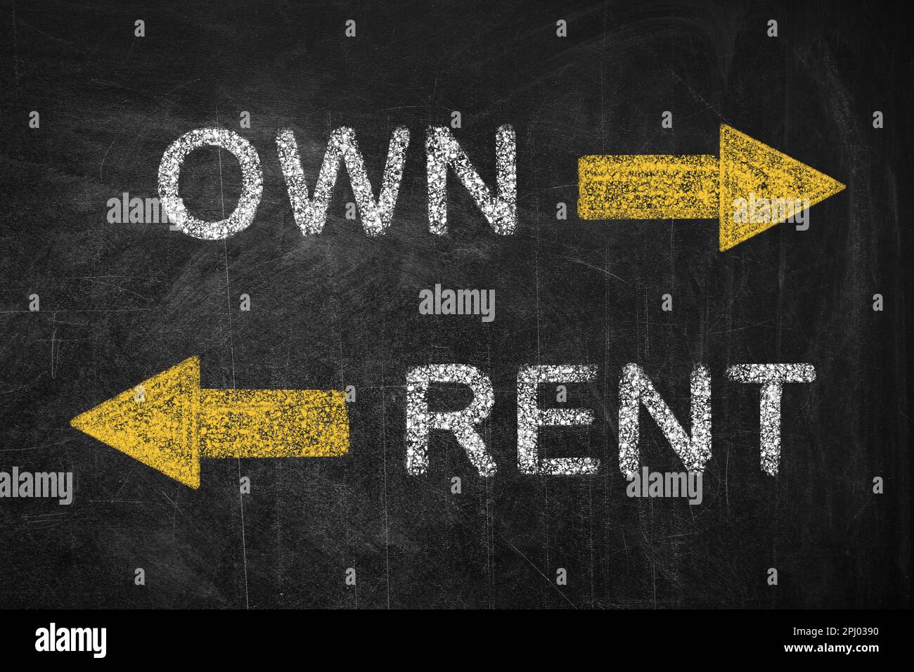 Arrows showing directions, words OWN and RENT written on blackboard