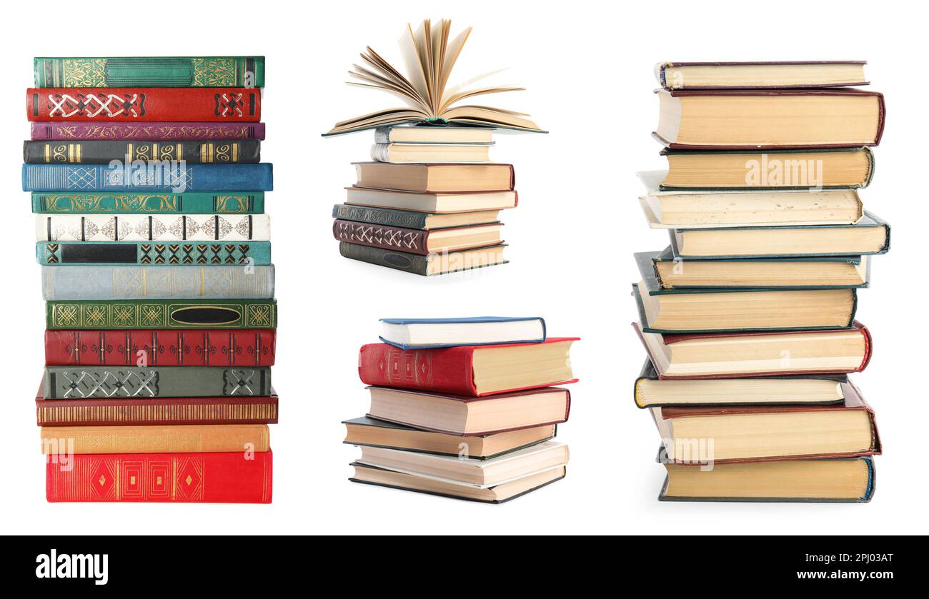Collection of different hardcover books on white background Stock Photo