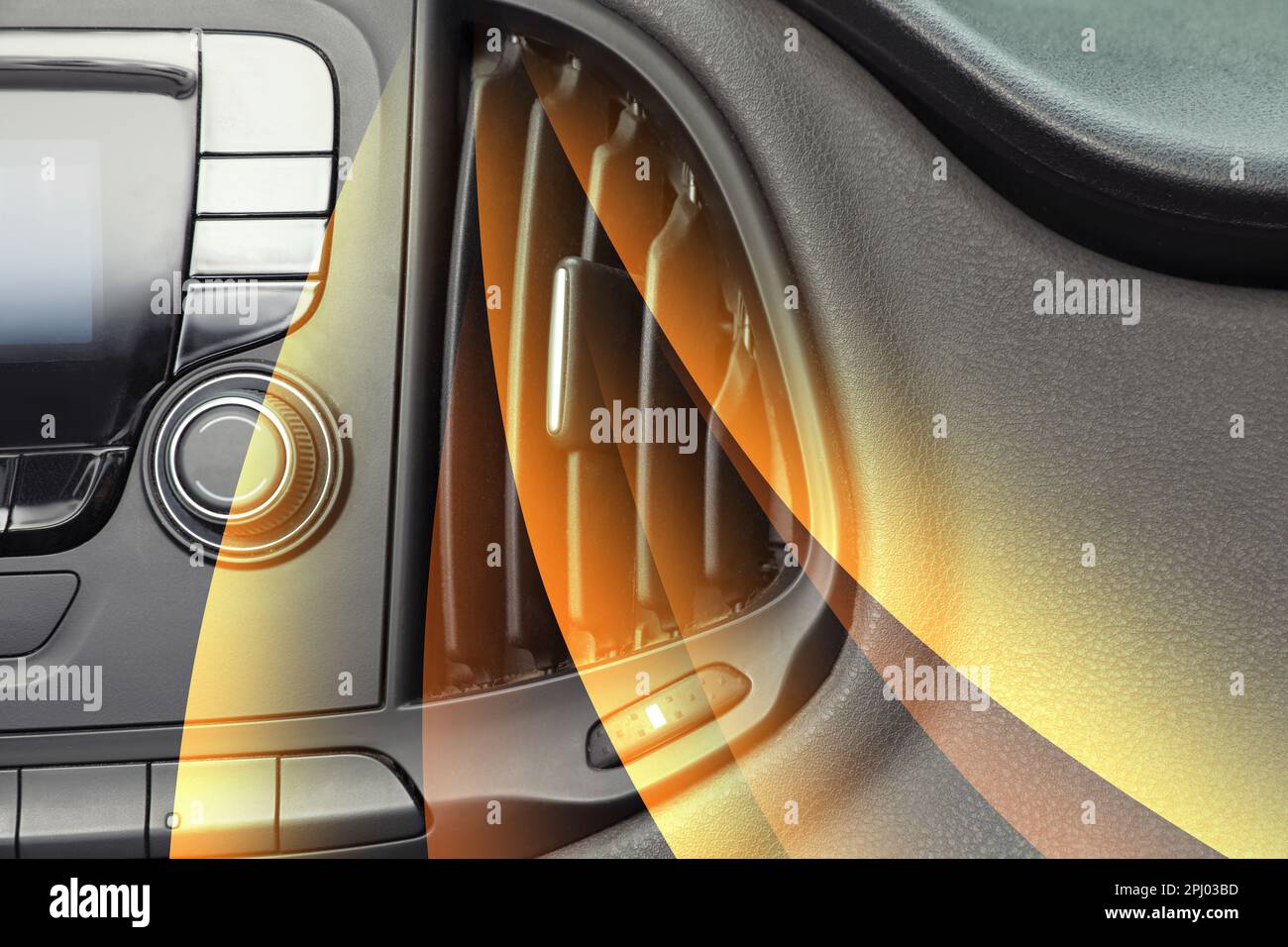 Closeup view of conditioning system in car and illustration of warm air ...