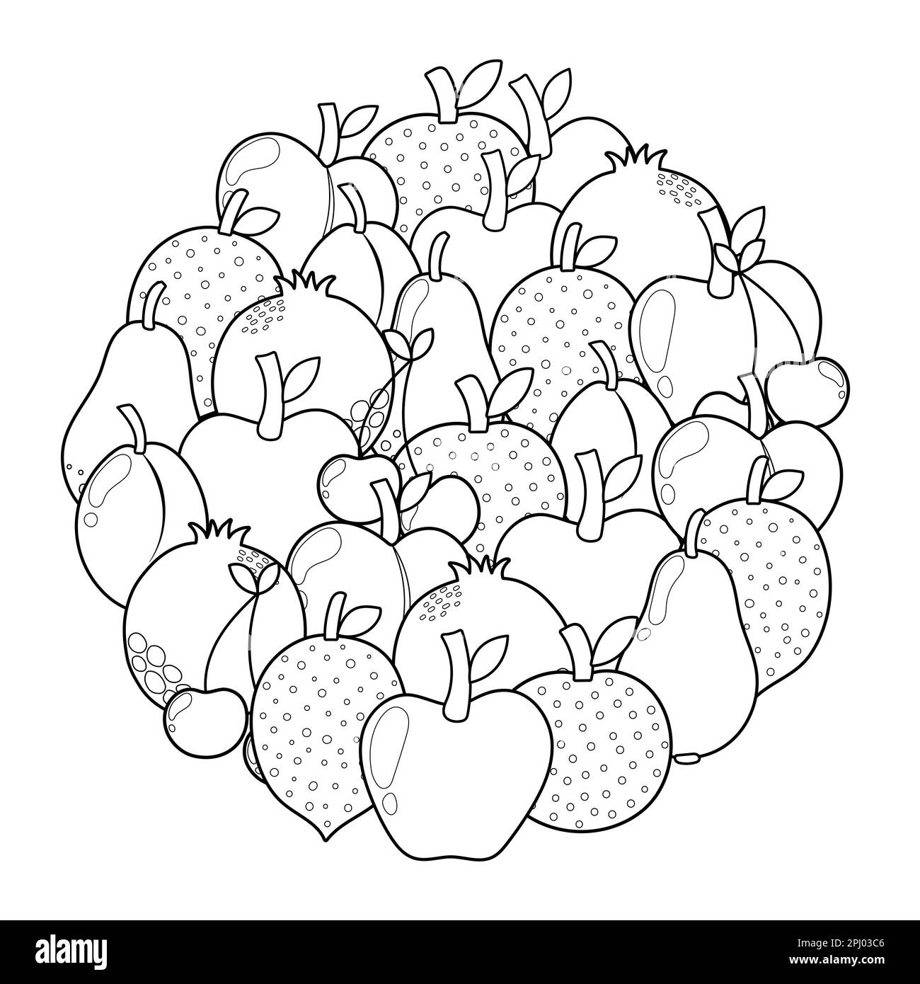 Doodle fruits circle shape coloring page. Mandala with apples, lemon Stock Vector