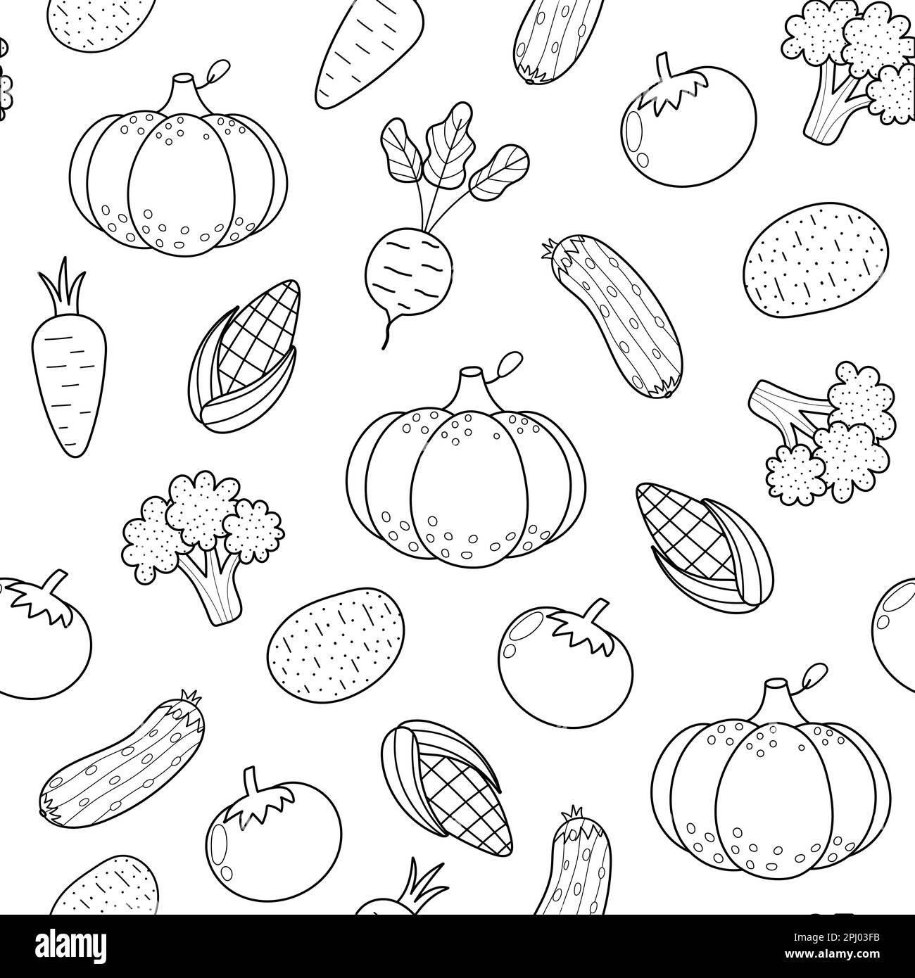 Fresh vegetables black and white seamless pattern in cartoon style. Healthy food doodle background Stock Vector