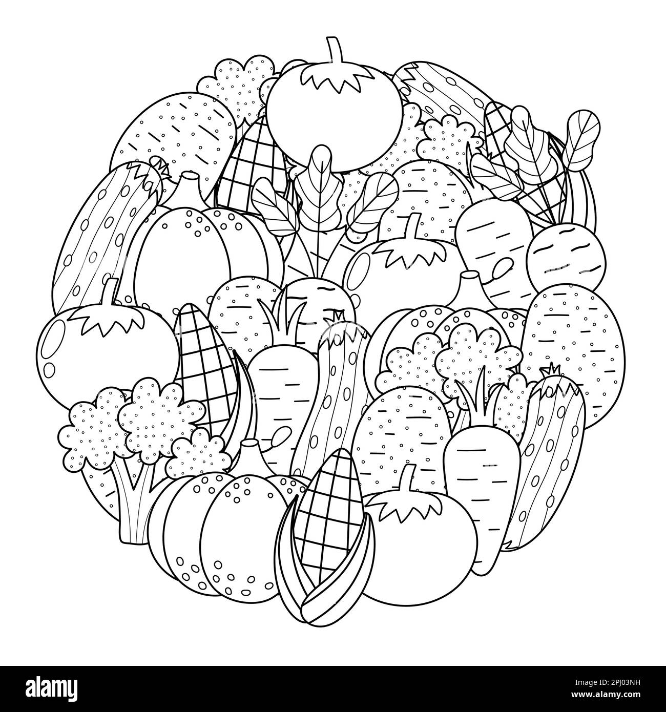 Fresh vegetables circle shape pattern for coloring book. Doodle healthy food mandala coloring page Stock Vector