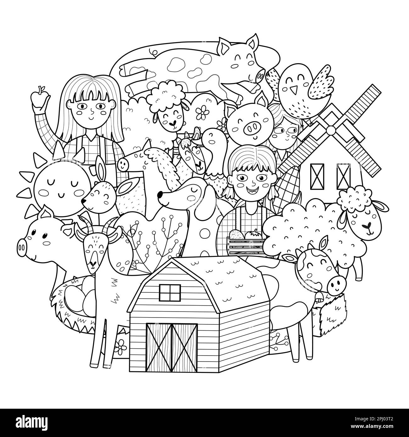 Cute farm characters circle shape coloring page. Doodle mandala with animals and farmers for coloring book Stock Vector
