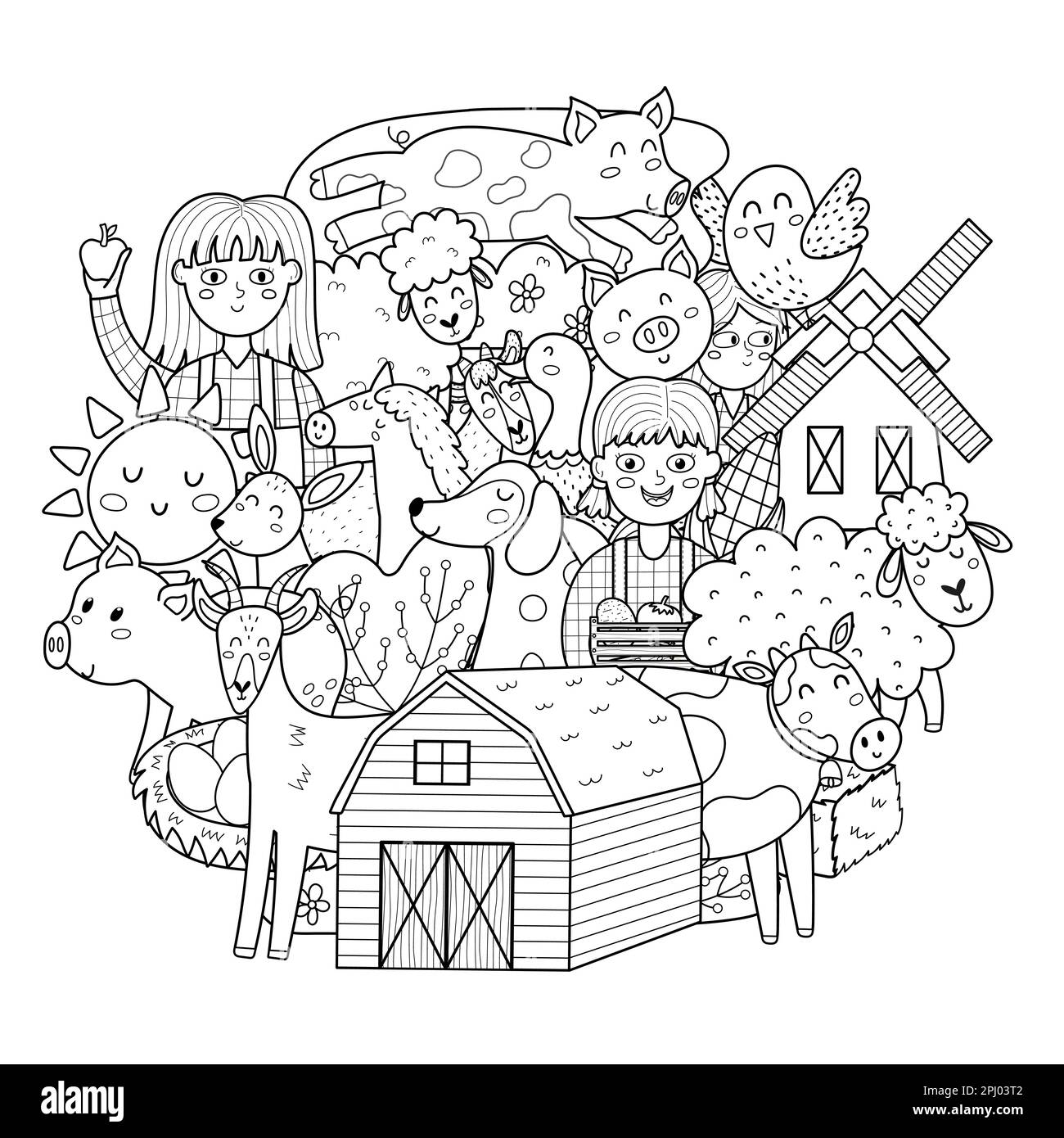 Cute farm characters circle shape coloring page. Doodle mandala with