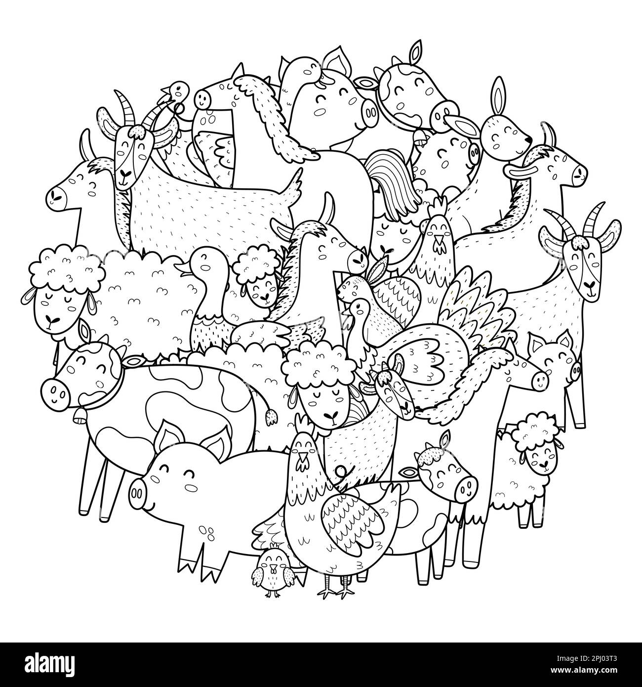Cute farm animals circle shape coloring page. Doodle mandala Stock Vector