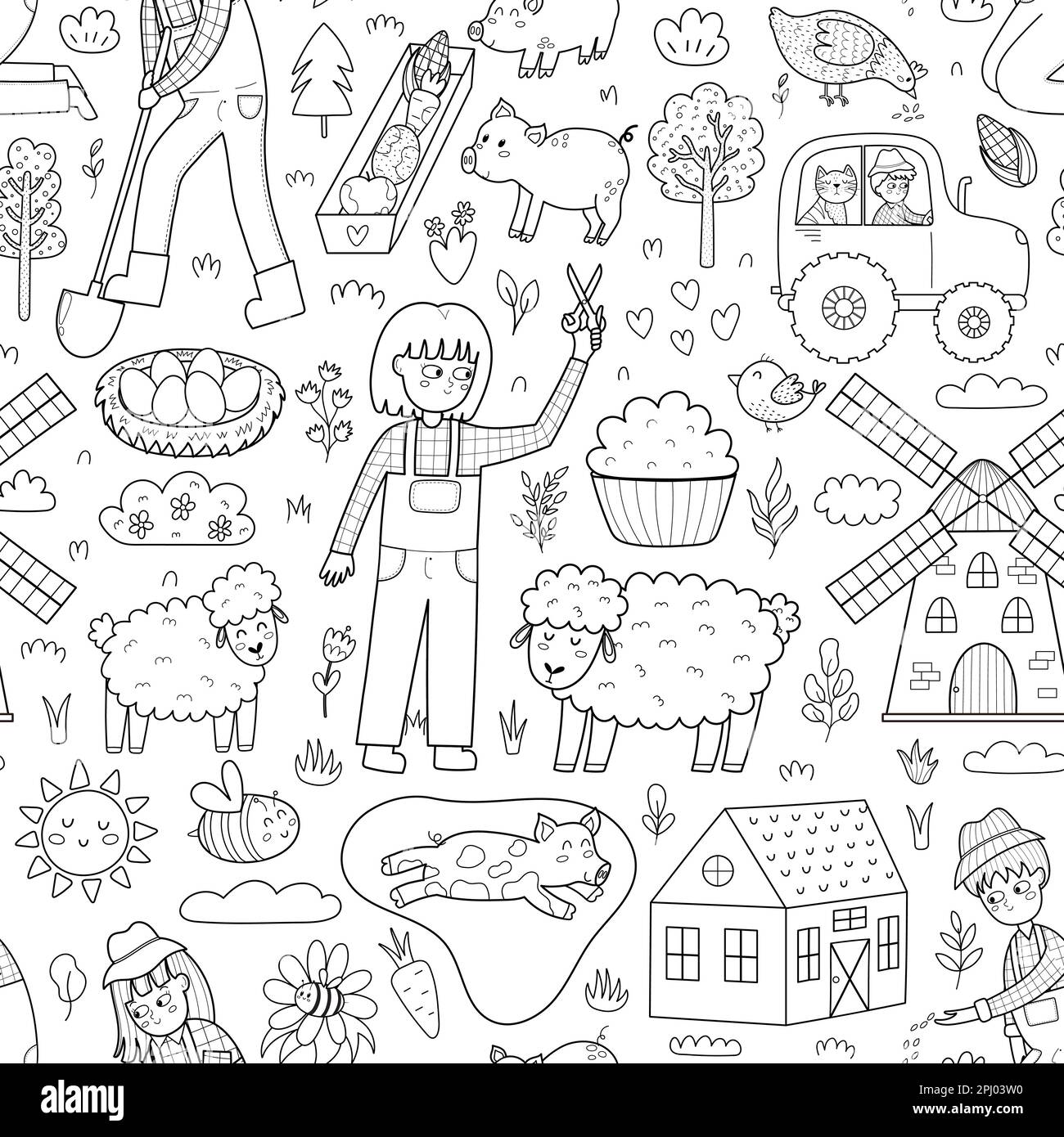 Cute black and white seamless pattern with farm animals and kids farmers Stock Vector