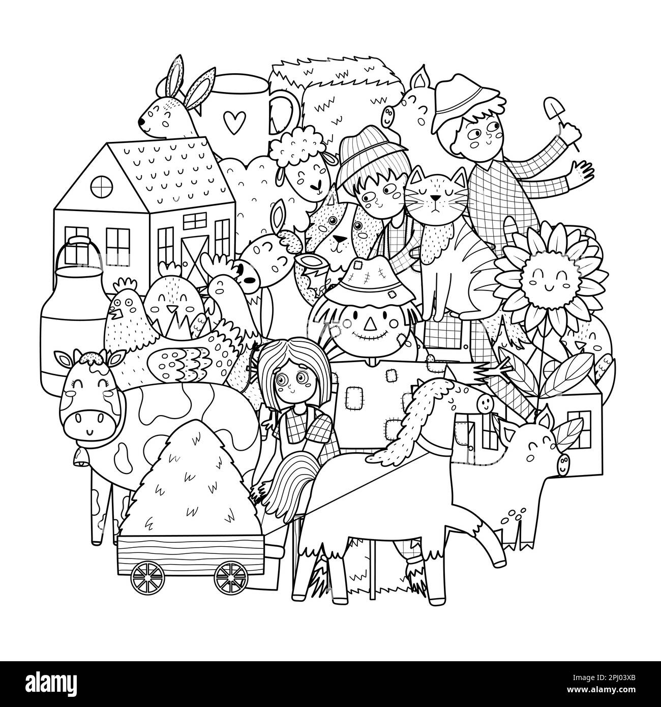 Cute farm characters circle shape coloring page. Doodle mandala with