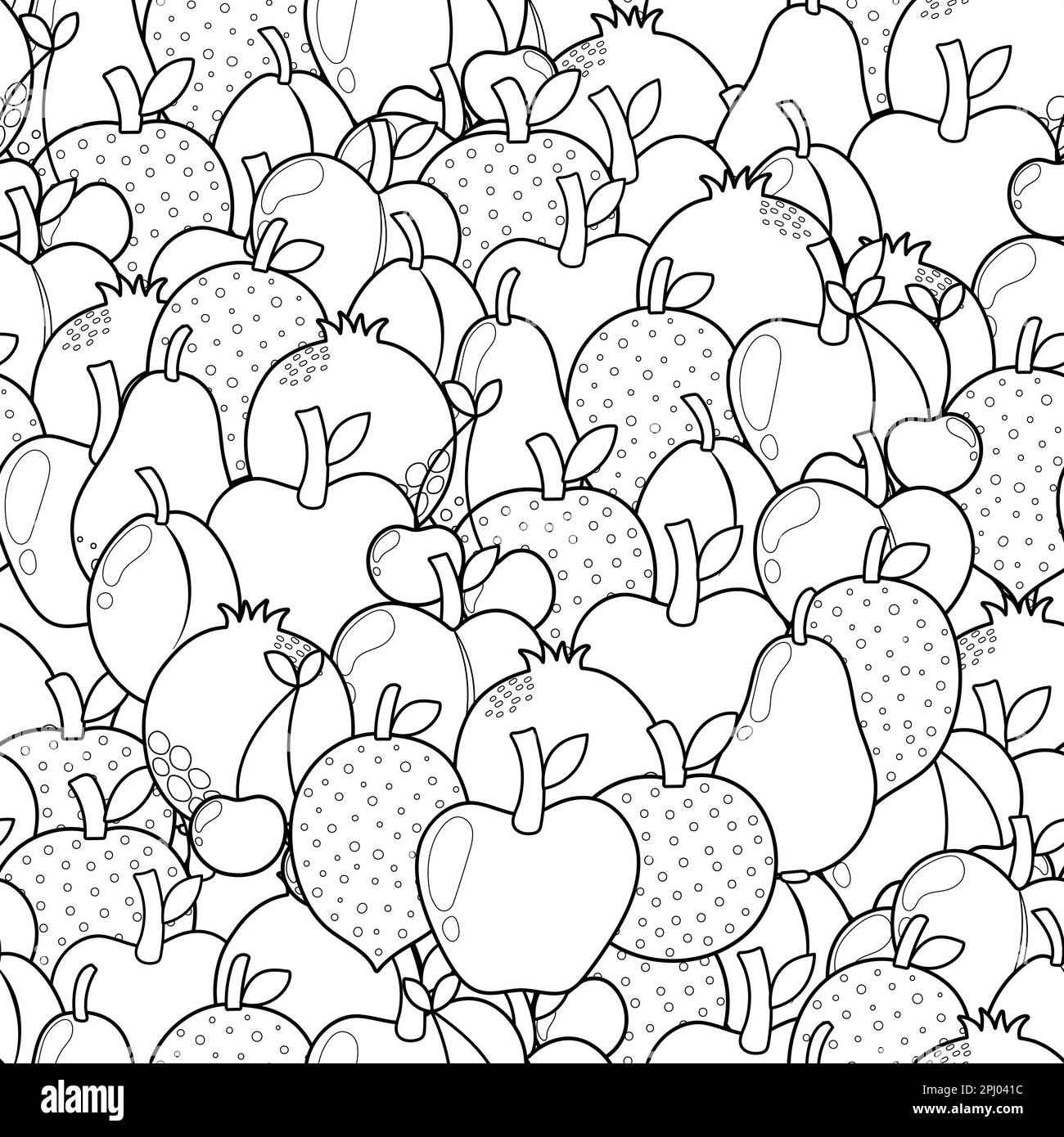 Doodle fruits black and white seamless pattern. Coloring page with apple, lemon Stock Vector