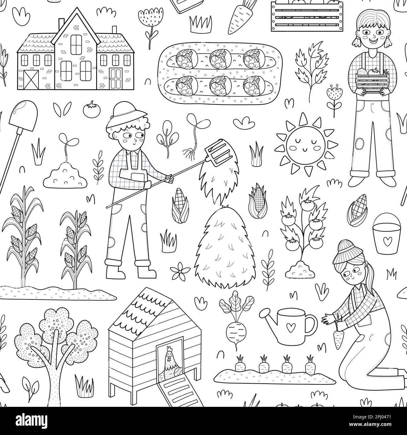 Black and white farm seamless pattern with cute characters. Kids