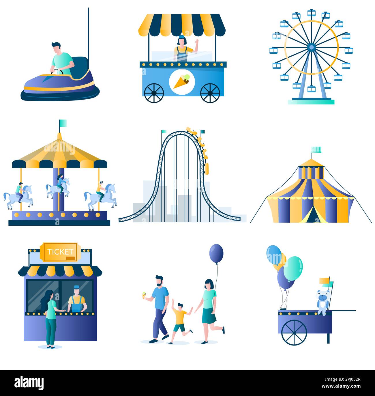 Amusement park attractions vector flat icon set Stock Vector Image ...