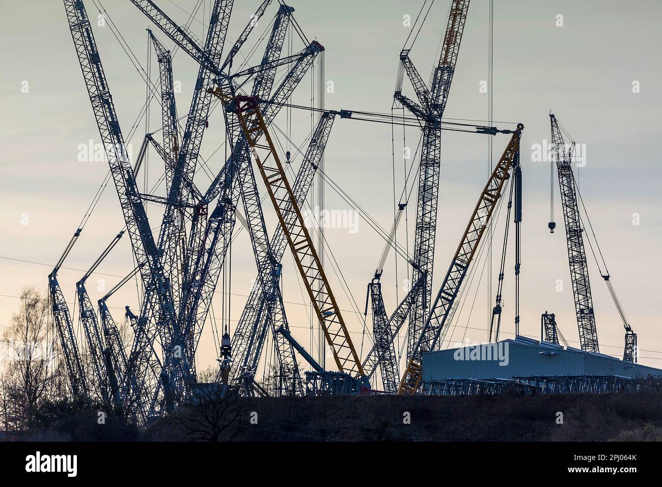 Construction cranes and jibs in different shapes Factory premises of the Liebherr plant in