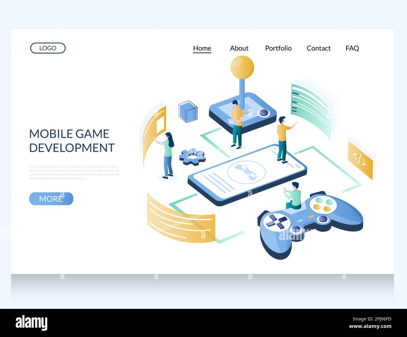 Mobile game development vector website landing page design template Stock Vector