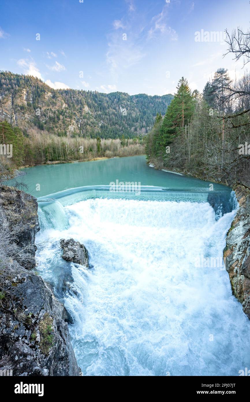Lech Falls with lots of water in the evening, Fuessen, Allgaeu, Bavaria, Germany Stock Photo