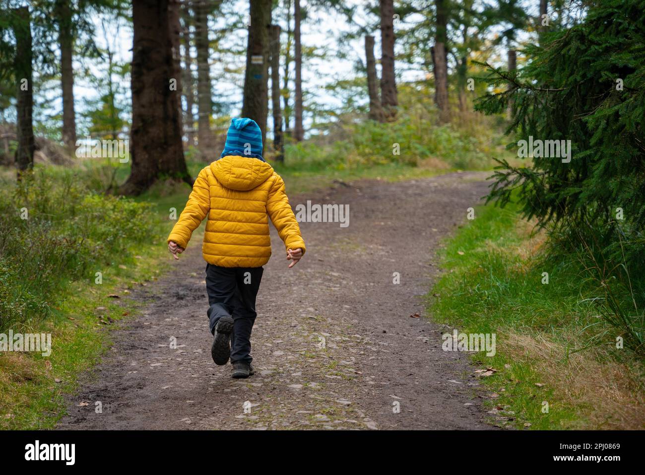A happy child is running on a mountain trail. Polish mountains Stock Photo