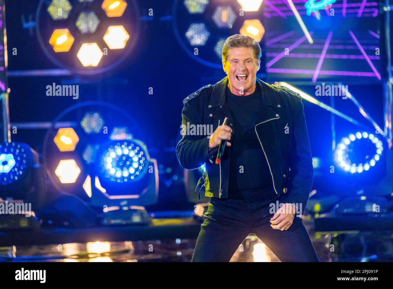 Singer David Hasselhoff performing on stage. 50 years of ZDF Hitparade, anniversary show of the TV classic with hit songs and hit parade artists Stock Photo