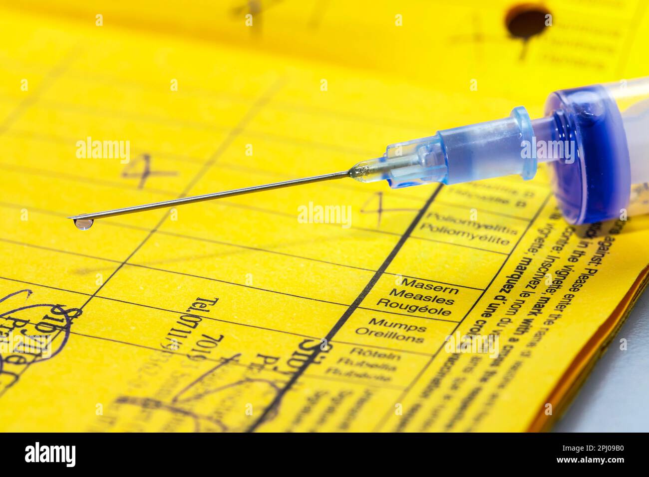 Vaccination certificate with syringe, symbol photo, measles vaccination, studio shot, Germany Stock Photo