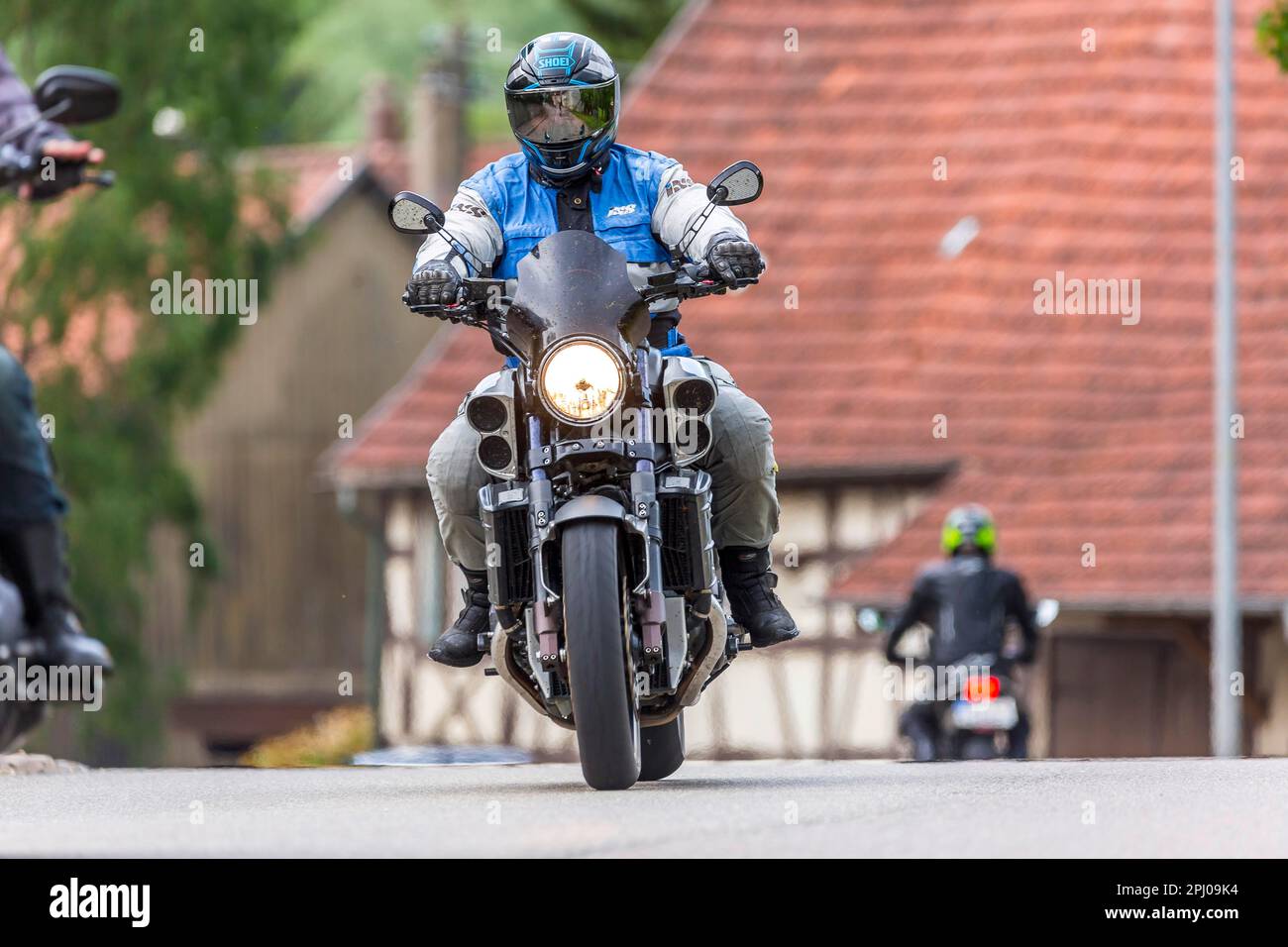 Motorcyclists in the idyllic Lautertal, motorbike noise, Muensingen, Baden-Wuerttemberg, Germany Stock Photo
