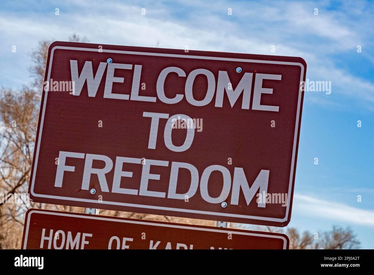 Freedom, Oklahoma, A road sign at the city limits of Freedom, a small town in western Oklahoma Stock Photo