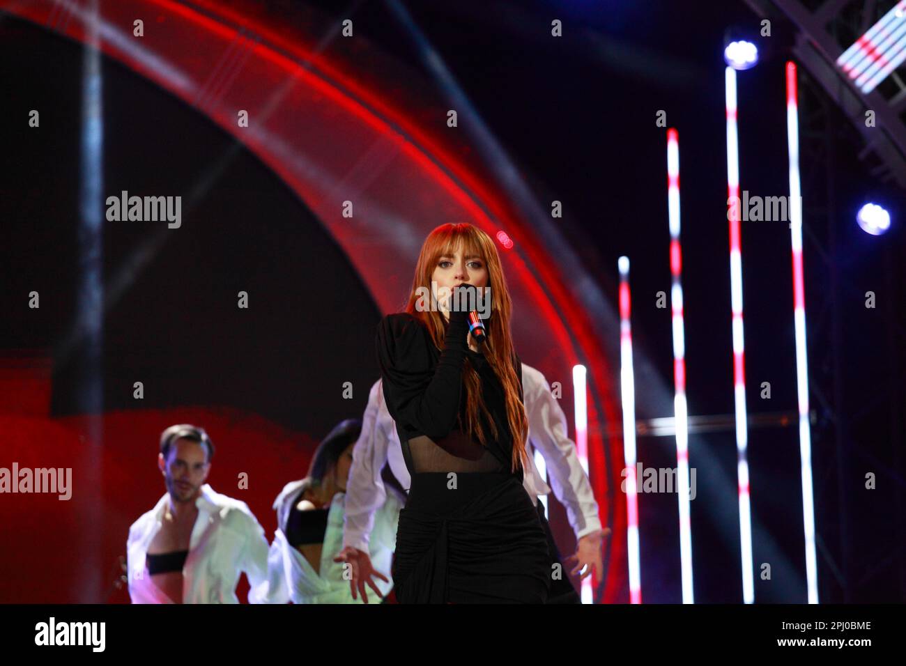 Singer Annalisa Scarrone live at Suzuki Stage 2023. Festival di Sanremo 2023 Stock Photo