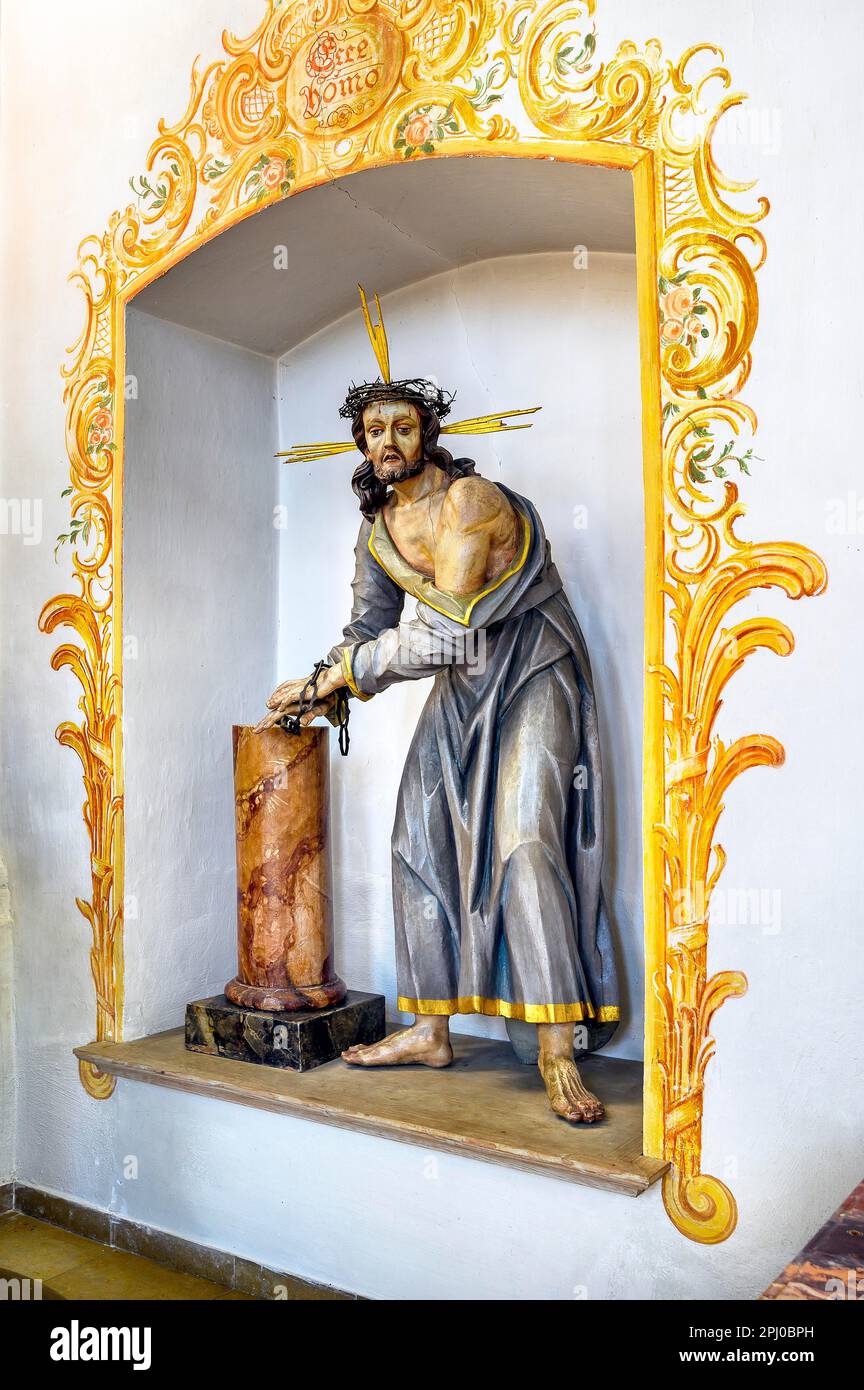 Ecce homo, Christ at the Scourge Pillar, pilgrimage church of the former Heiligkreuz monastery from 1715, Kempten, Allgaeu, Bavaria, Germany Stock Photo