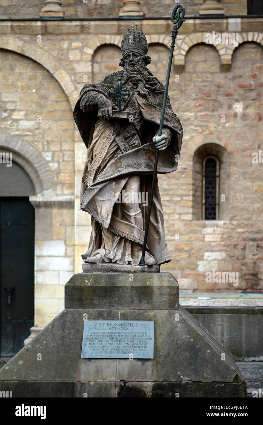 Statue of Saint Boniface in front of Gotthard Chapel, behind it the