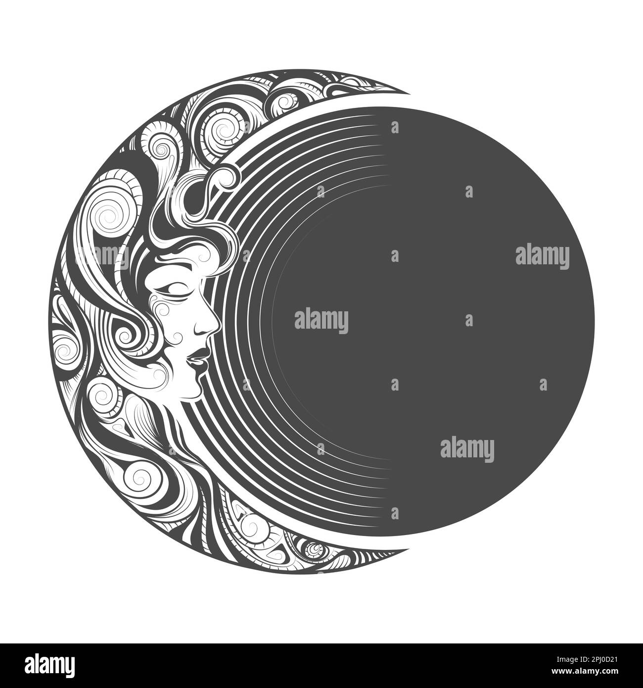 Tattoo of Crescent Moon with Female Face isolated on white. Vector illustration Stock Vector