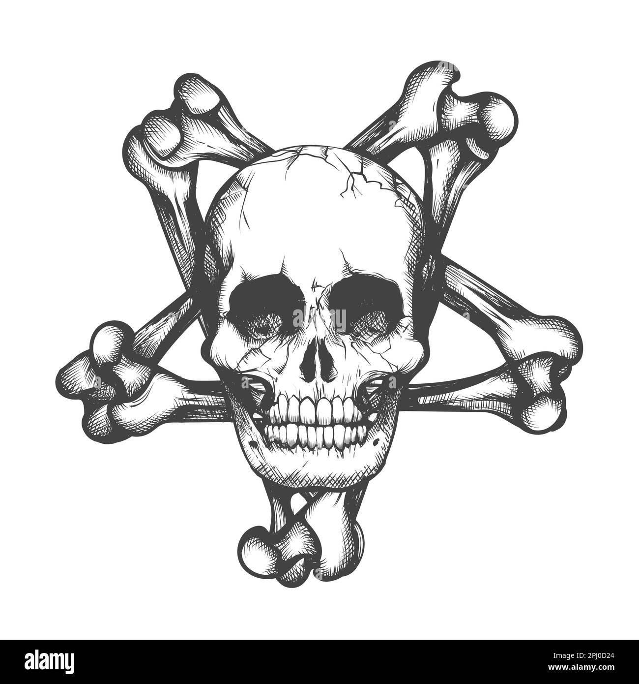 Tattoo of Human Skull Bone Pentagram in engraving style isolated on white. Vector illustration Stock Vector
