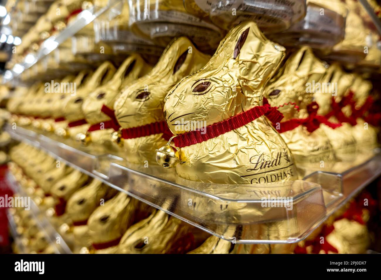 Many chocolate Easter bunnies, chocolate bunnies, Lindt gold bunnies, pallet in supermarket, shopping centre, Germany Stock Photo