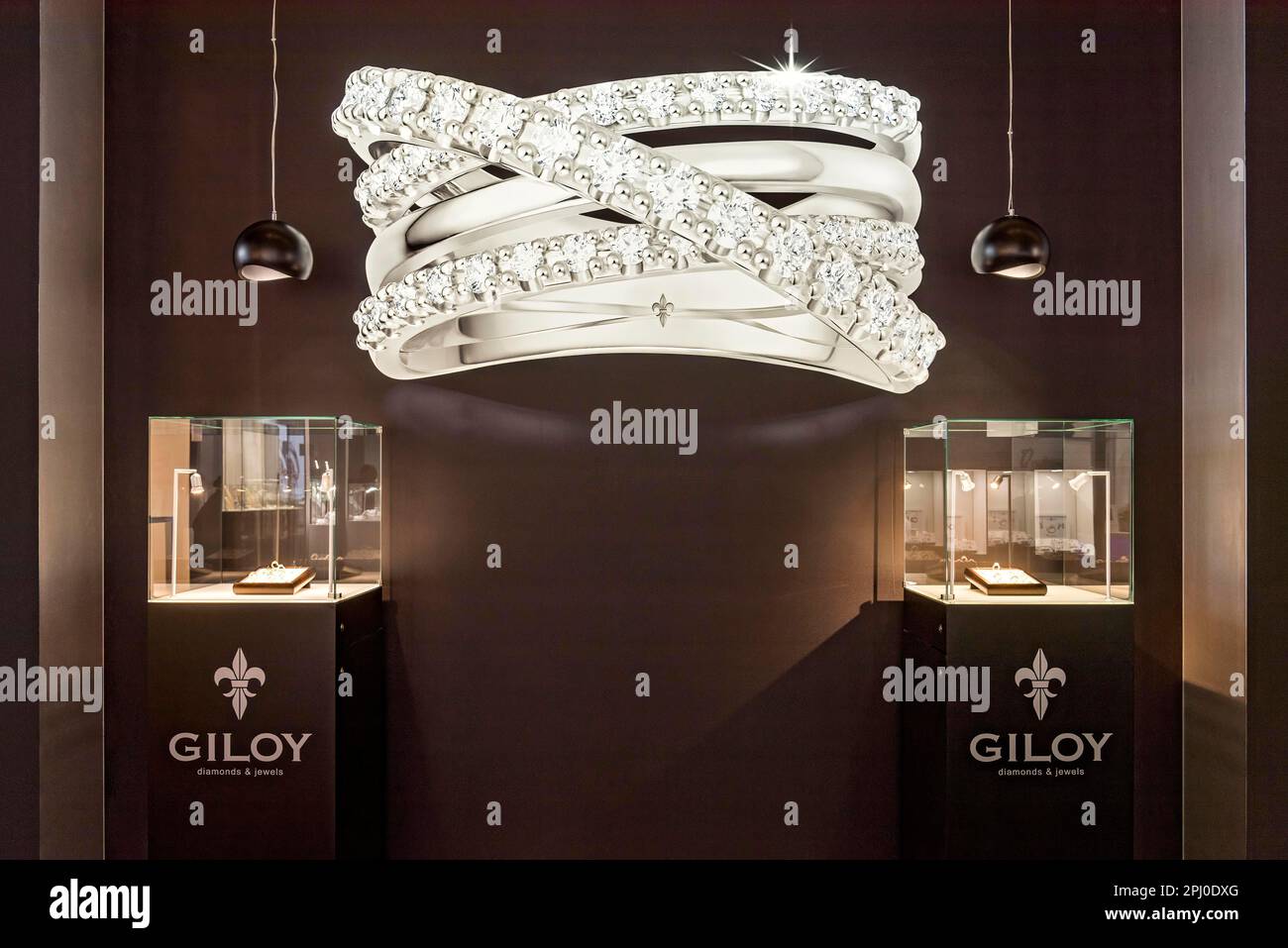 Showcases at photo wall with high quality jewellery, exhibition stand jeweller Giloy diamonds & jewels, Inhorgenta, trade fair for jewellery watches Stock Photo