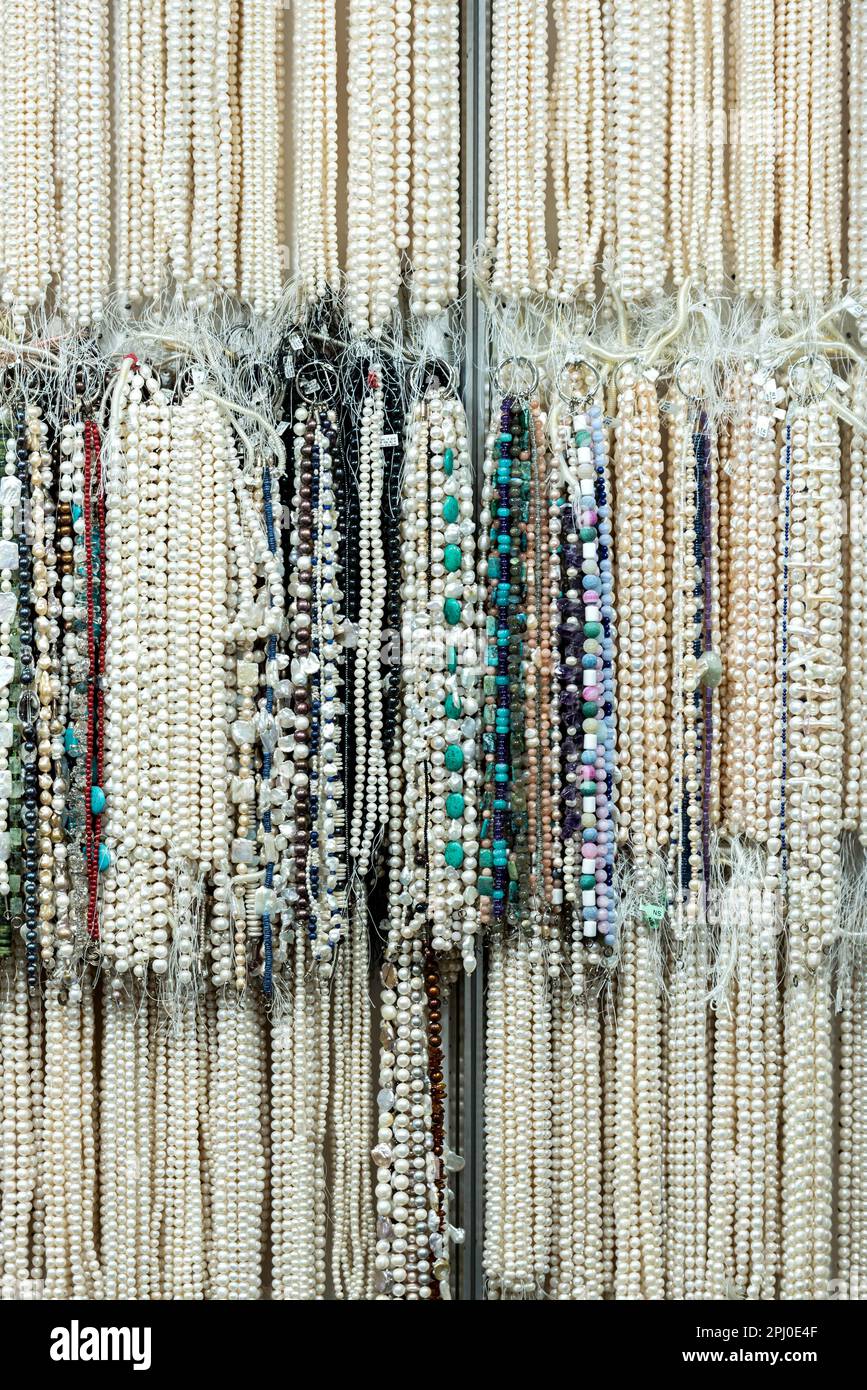 Necklaces made of gemstones, pearls, corals, Kunar Gems trade fair stand, Inhorgenta, trade fair for jewellery watches gemstones, luxury, Munich Stock Photo