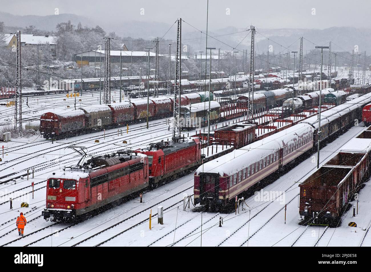 Train formation plant in the Vorhalle district in winter, marshalling yard, goods trains, Hagen, Ruhr area, North Rhine-Westphalia, Germany Stock Photo