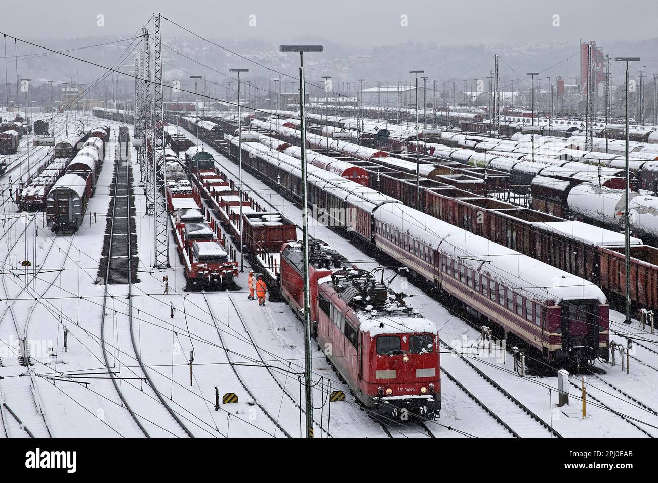 Train formation plant in the Vorhalle district in winter, marshalling yard, goods trains, Hagen, Ruhr area, North Rhine-Westphalia, Germany Stock Photo