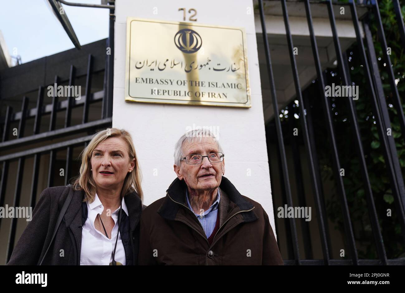 Bernard Phelan’s sister Caroline Masse Phelan and their father Vincent Phelan with friends, family and supporters at a vigil outside the Iranian Embassy in Dublin. Bernard Phelan was detained in Iran last year and is in need of medical care that is not being provided. Picture date: Wednesday August 25, 2021. Stock Photo