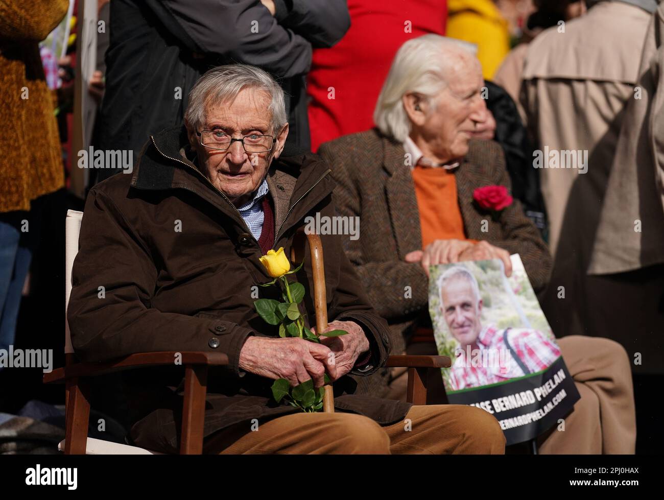 Bernard Phelan’s father Vincent Phelan with friends, family and supporters at a vigil outside the Iranian Embassy in Dublin. Bernard Phelan was detained in Iran last year and is in need of medical care that is not being provided. Picture date: Wednesday August 25, 2021. Stock Photo