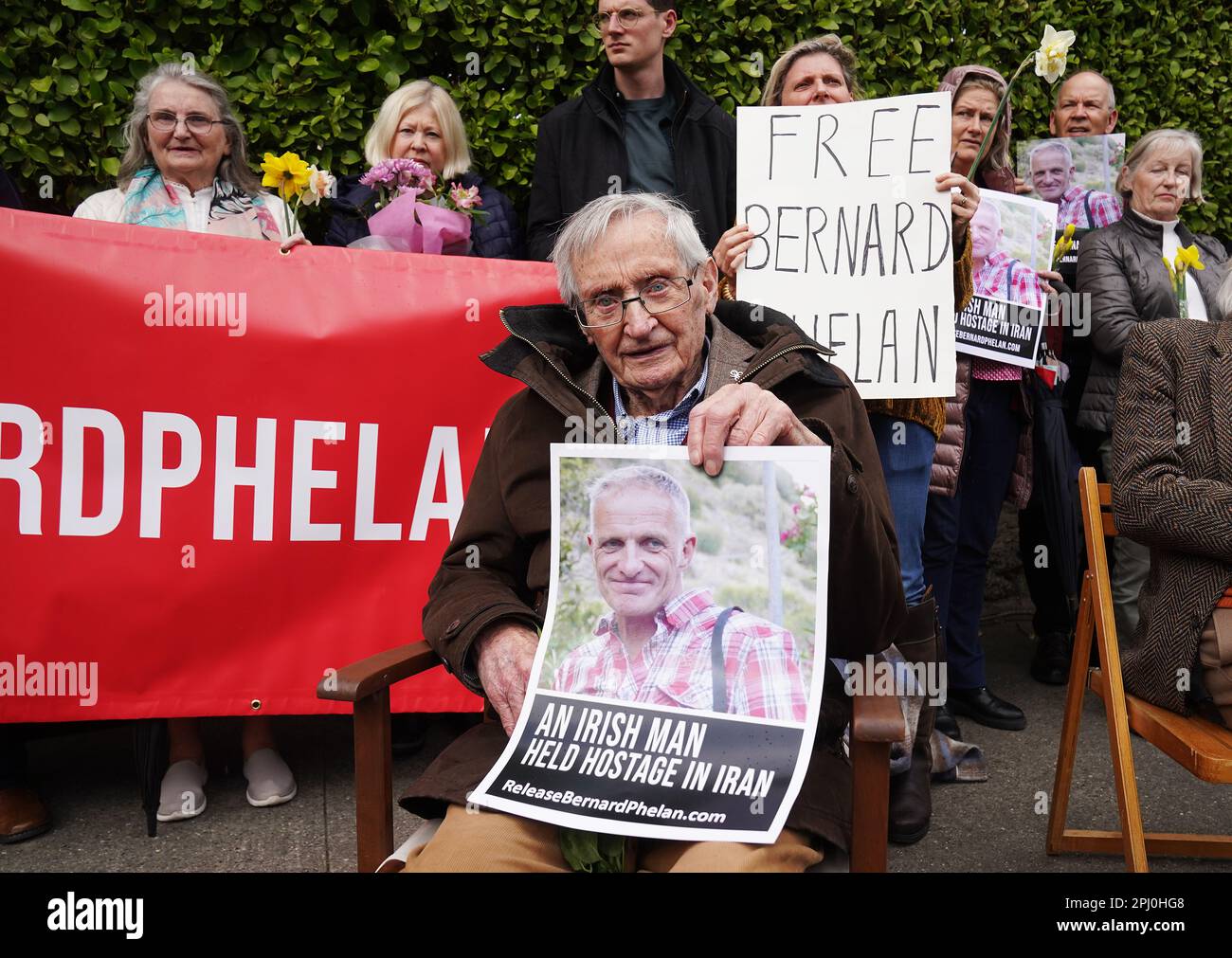 Bernard Phelan’s father Vincent Phelan with friends, family and supporters at a vigil outside the Iranian Embassy in Dublin. Bernard Phelan was detained in Iran last year and is in need of medical care that is not being provided. Picture date: Wednesday August 25, 2021. Stock Photo
