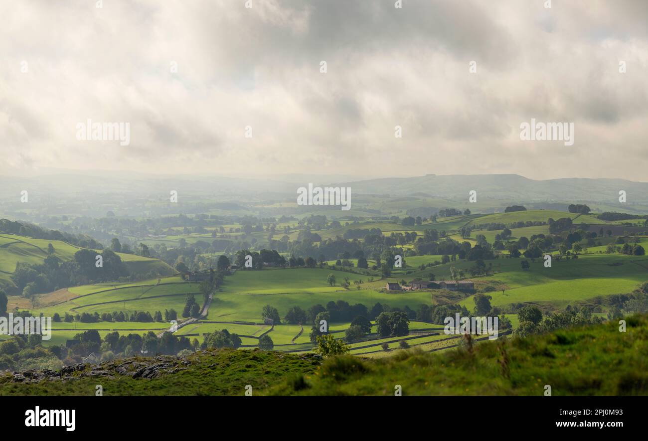 The rolling green countryside of the North Yorkshire landscape, photographed from Malham Cove on a late summer day. With trees, farmland and hills Stock Photo