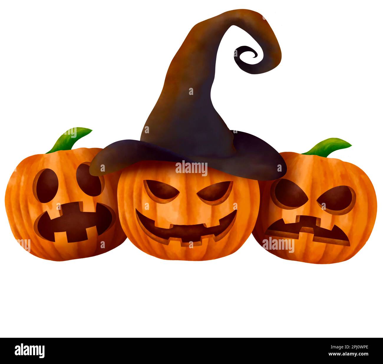 halloween pumpkin wearing witch hat. Jack o lantern watercolor painting