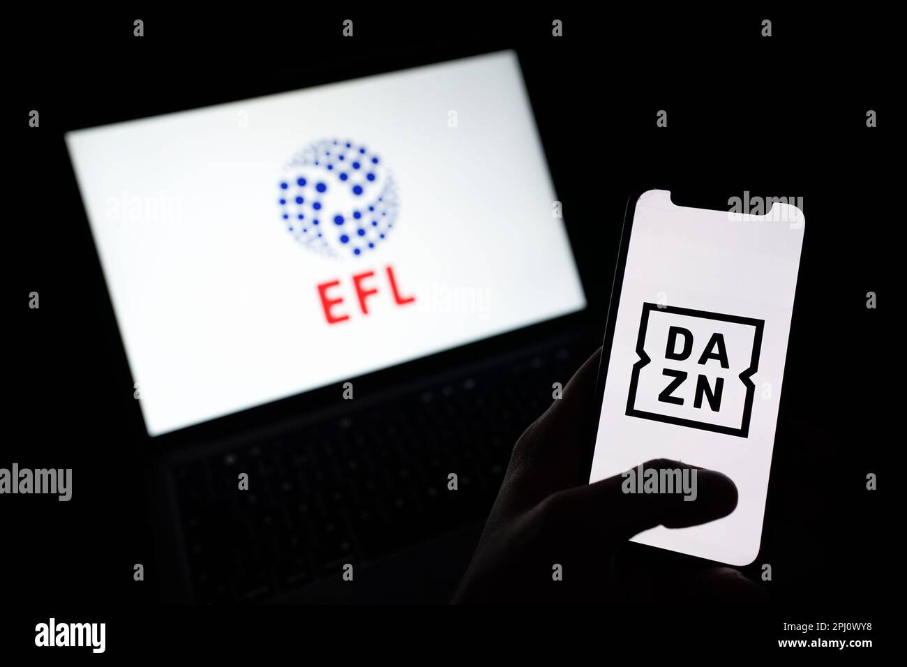 The DAZN and EFL logos can be seen on device screens